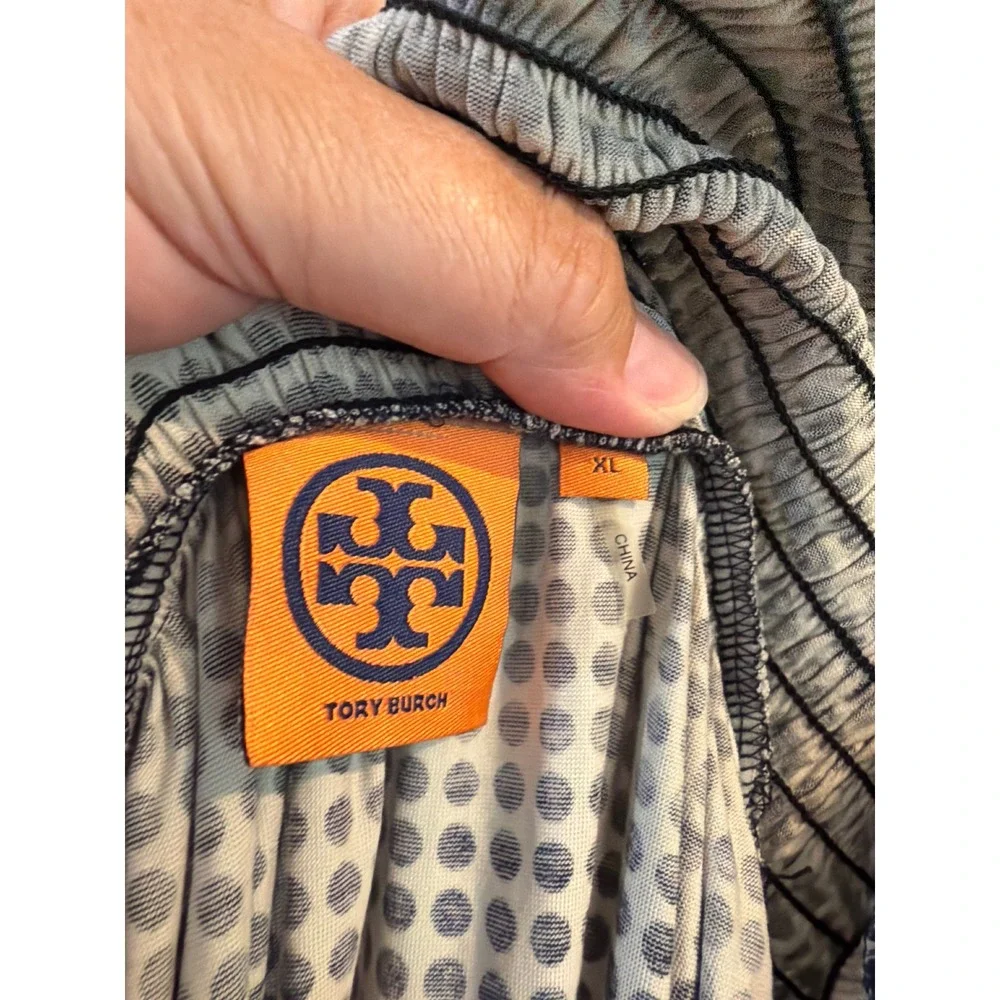 Tory Burch Silk Cotton Polka Dot Smocked Strapless Maxi Dress Navy Cream XL